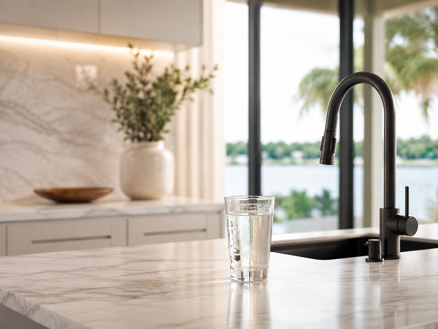 Clear glass of filtered water beside a premium kitchen faucet in warm natural light