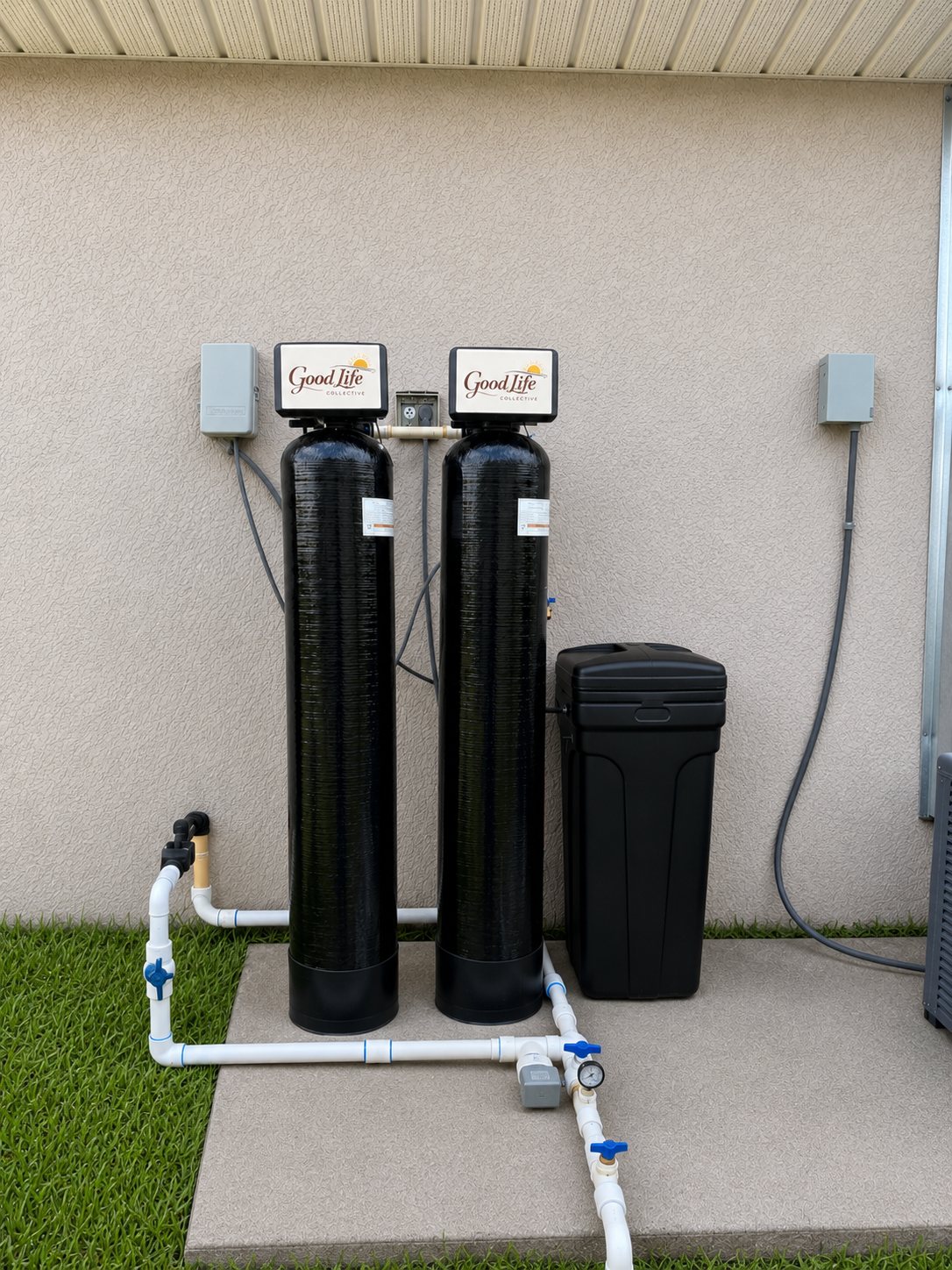 Good Life Collective whole-home water system with two treatment tanks and brine tank installed against a home's exterior wall