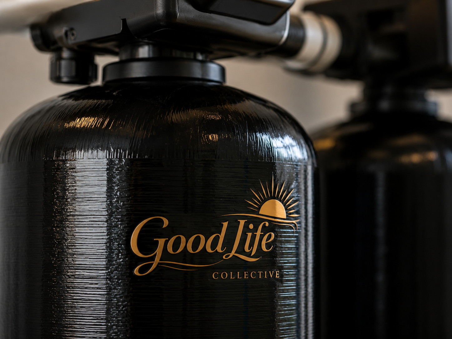 Close-up of a Good Life Collective whole-home water filtration system