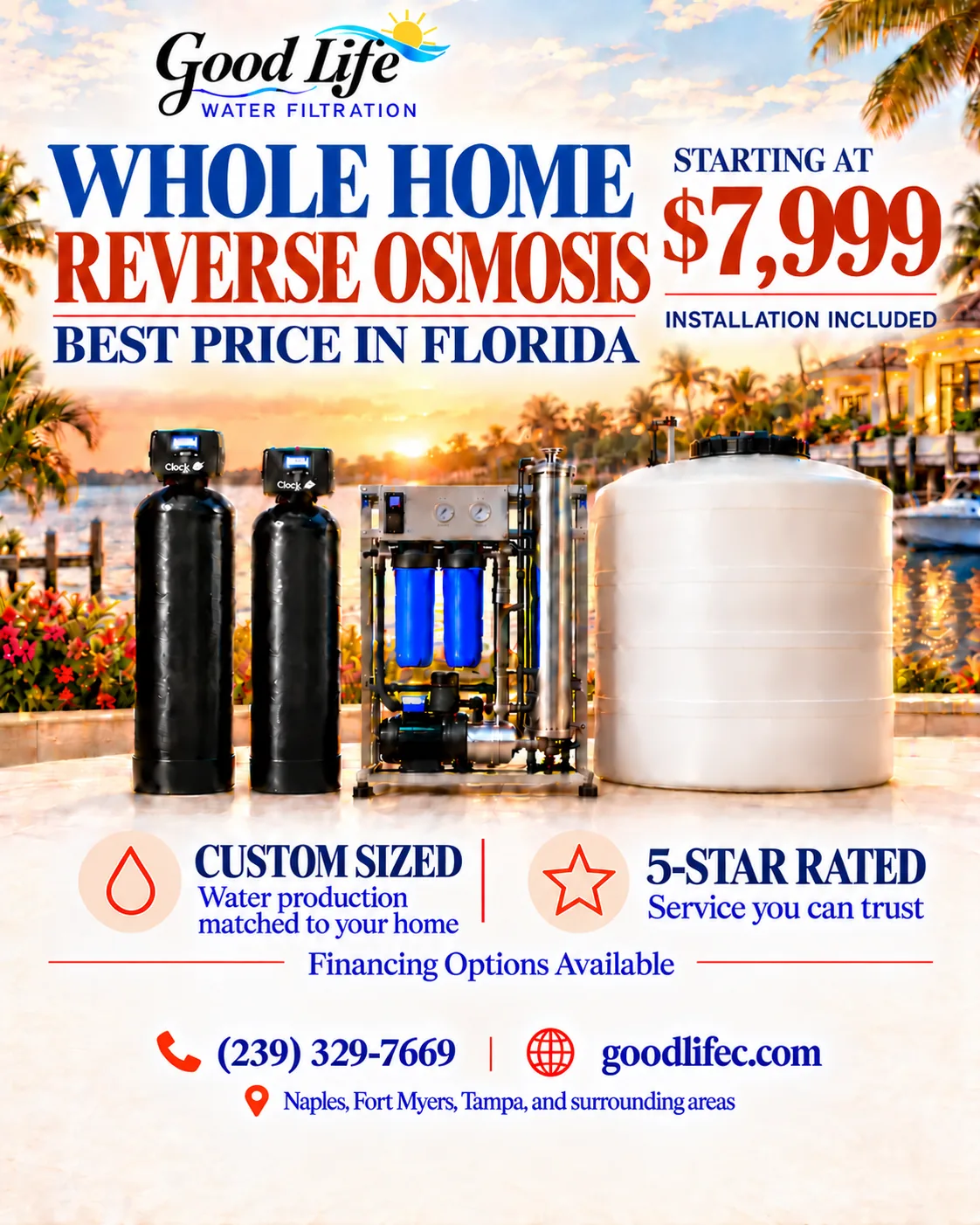 Good Life whole-home reverse osmosis system with two treatment tanks, RO unit and storage tank, starting at $7,999 with installation included