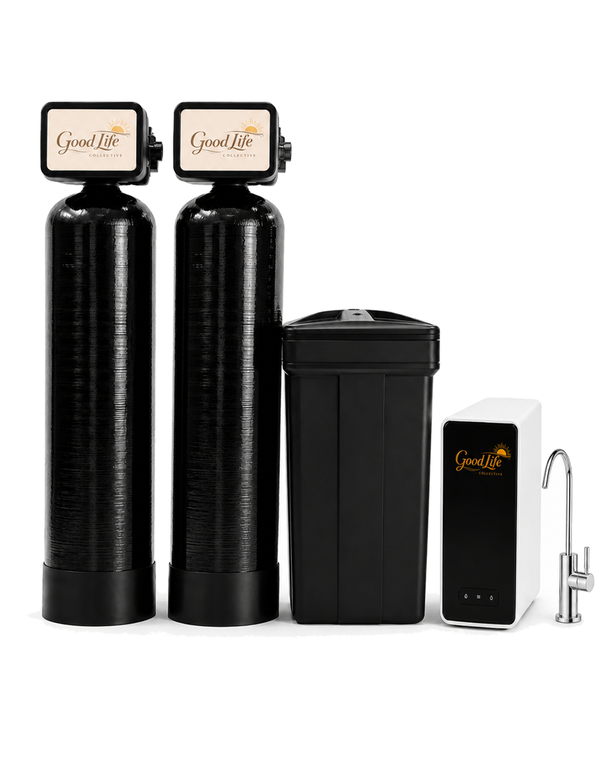 Branded Good Life Collective premium dual-tank whole-home water system with softener brine tank and under-sink reverse osmosis unit